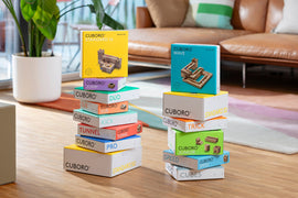 All the Cuboro marble runs in their colour coded boxes. The 3 Standard sets are yellow.