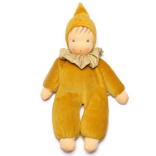 Yellow plush doll with a matching hat on a white background