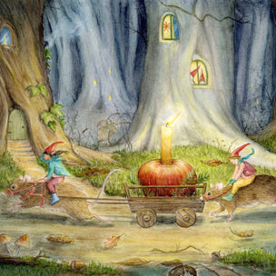 Fantasy scene with gnome-like creatures and a glowing apple in a forest setting.