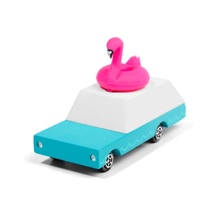 Candylab wooden toy wagon pictured from the front with a pink flamingo on the roof | Conscious Craft