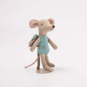 Stuffed Maileg Fairy mouse toy with a backpack on a white background