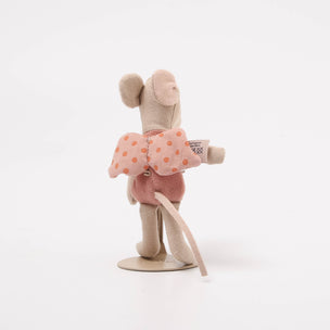 Plush toy Maileg mouse with a pink polka dot bow on a white background