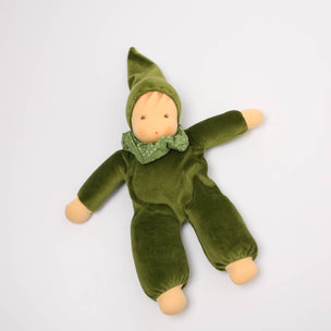 green soft waldorf doll on white back ground