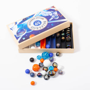 Box of Space Mission 59 various marbles in red orange blue white multi colours from Billes & Co