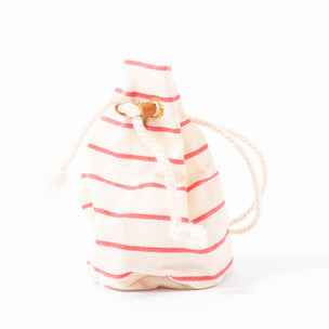 Maileg red and white stripe cotton pull string bag with beach essentials | © Conscious Craft