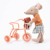 Maileg Tricycle Basket on coral tricycle with mouse and bag