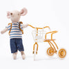 Maileg Tricycle Basket on ocher tricycle with mouse and bag