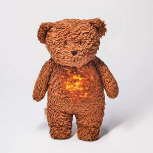 Caramel colour organic humming teddy bear with glowing night light belly and comforting sounds for baby from Moonie 