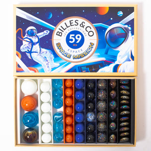 Box of Space Mission 59 various marbles in red orange blue white multi colours from Billes & Co