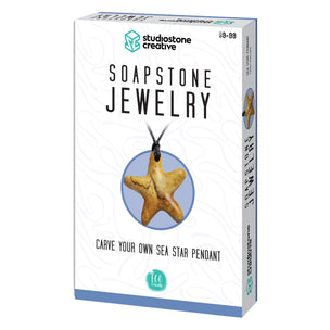 Studio Creative Soapstone Jewelry product box with image of a completed carved sea star pendant on the front.