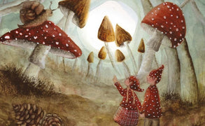 Children looking at mushroom postcard