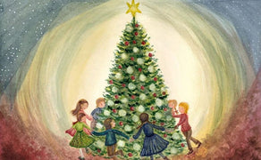 Children dancing around a Christmas tree