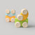 Colorful wooden toy cars with wheels on a gray background