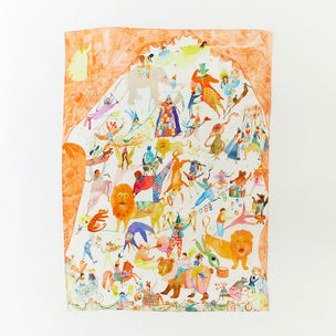 Sarah' SilkCircus-themed fabric with colorful illustrations of animals and performers on an orange background.