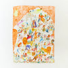 Sarah' SilkCircus-themed fabric with colorful illustrations of animals and performers on an orange background.