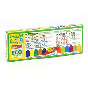Box of wax crayons with colorful packaging on a white background