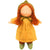 A handmade fabric doll with long orange-red yarn hair, wearing a mustard yellow dress, green knit hat, and green knit shoes, isolated on a white background.