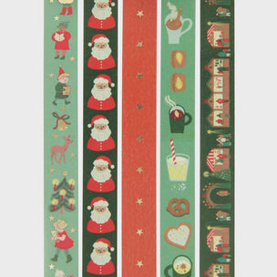 Set of Christmas-themed gift wrap designs with Santa Claus, reindeer, and holiday items on a white background.