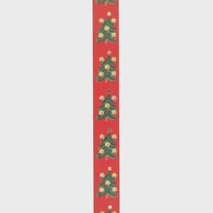 Decorative ribbon with Christmas tree pattern on a red background