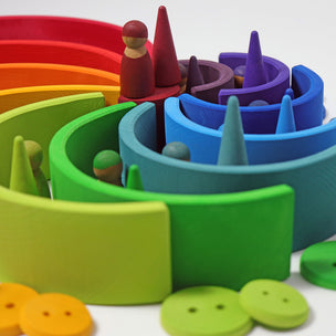 Grimms Rainbow 12 piece tunnel with Grimms' Friends, buttons, and Forest | Conscious Craft