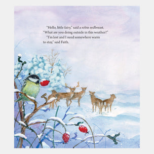 Illustration of a robin and deer in a snowy landscape with text.