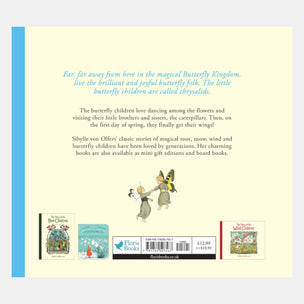 Bookback with text and illustrations of butterfly children and books by Flora Books.