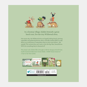 Book back cover with illustrations of Wildwood elves and text on a green background