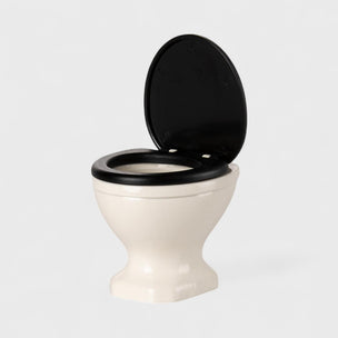 Maileg Mice White toilet with black seat and cover on a light gray background