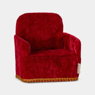 Maileg Red plush armchair with gold trim on a white background