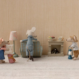 Maileg Miniature toy mice in a room with furniture and decor