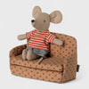 Maileg Toy mouse in a striped shirt sitting on a polka dot chair with a white background