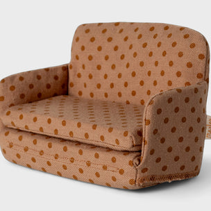 Maileg Brown polka dot chair on a white background