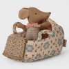Maileg Small brown mouse toy with a floral-patterned bag on a light background