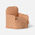 A miniature Maileg fabric armchair with a warm beige base and brown polka dots, shown on a clean light gray background.