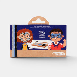 Packaging of a face painting kit with cartoon characters on a white background