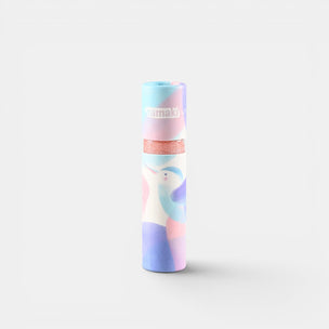 Colorful cylindrical product with a brand name on a white background