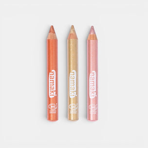 Three lip pencils with 'Naimaki' branding on a light gray background