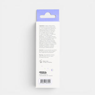 Back of a cosmetic packaging with ingredient list and brand name on a white background
