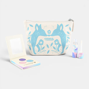 Cosmetic bag with blue fox design on a white background