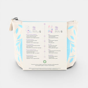 Cosmetic bag with a detailed label on a light gray background