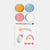 Set of colorful paint pots with a paintbrush and painted designs on a white background