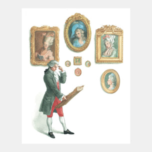Man in historical attire standing next to wall with framed portraits