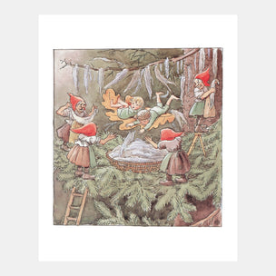 Illustration of gnomes in a forest setting with a basket and branches.