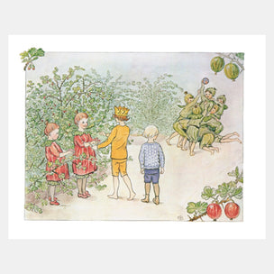 Illustration of children in a garden with fruit trees and children playing.