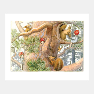 Illustration of squirrels and fairies in a forest setting with mushrooms and branches.