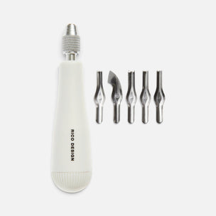 A white handheld linocut tool with a silver metal chuck and four interchangeable metal blades, shown on a light gray background. The handle is printed with the brand name 'RICO DESIGN'.