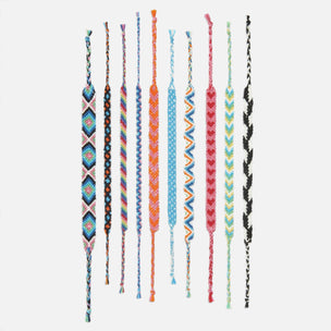 Nine colorful woven friendship bracelets with various geometric and chevron patterns, arranged vertically on a light gray background.