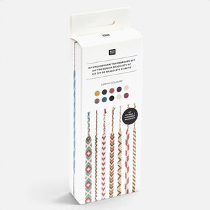 A boxed DIY friendship bracelets kit by MGA on a clean white background. The tall white package shows the MGA logo, text for an earthy-color bracelet kit, a row of small color circles, and several sample bracelet designs printed on the front.