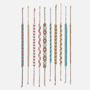 A set of nine colorful woven friendship bracelets with various geometric and chevron patterns, displayed vertically against a plain white background.