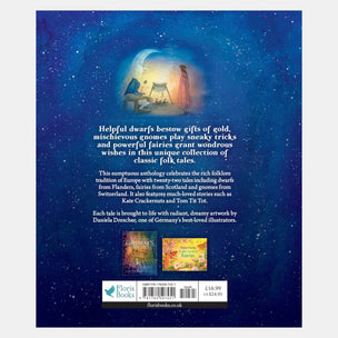 Book back cover with text and illustrations of fairies and a moon.